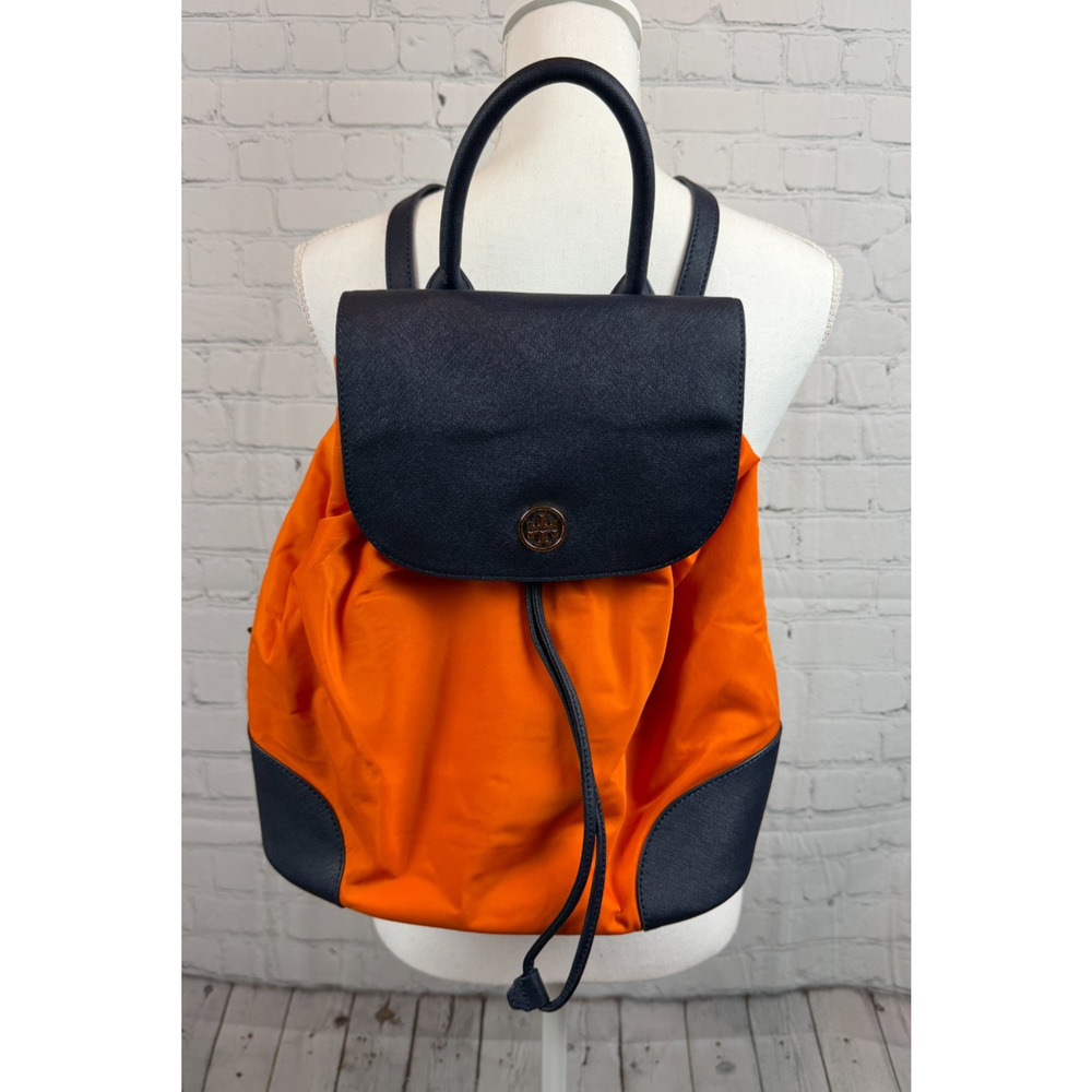 TORY BURCH Dena dark blue orange nylon drawstring flap backpack
